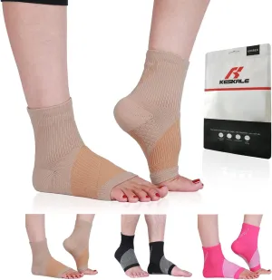 Ankle Brace Compression Sleeve (3 Pairs), Open Toe Compression Socks for Women & Men with Neuropathy, Foot Support sleeve for Swelling, Pain & Plantar Fasciitis Relief (Beige, L)