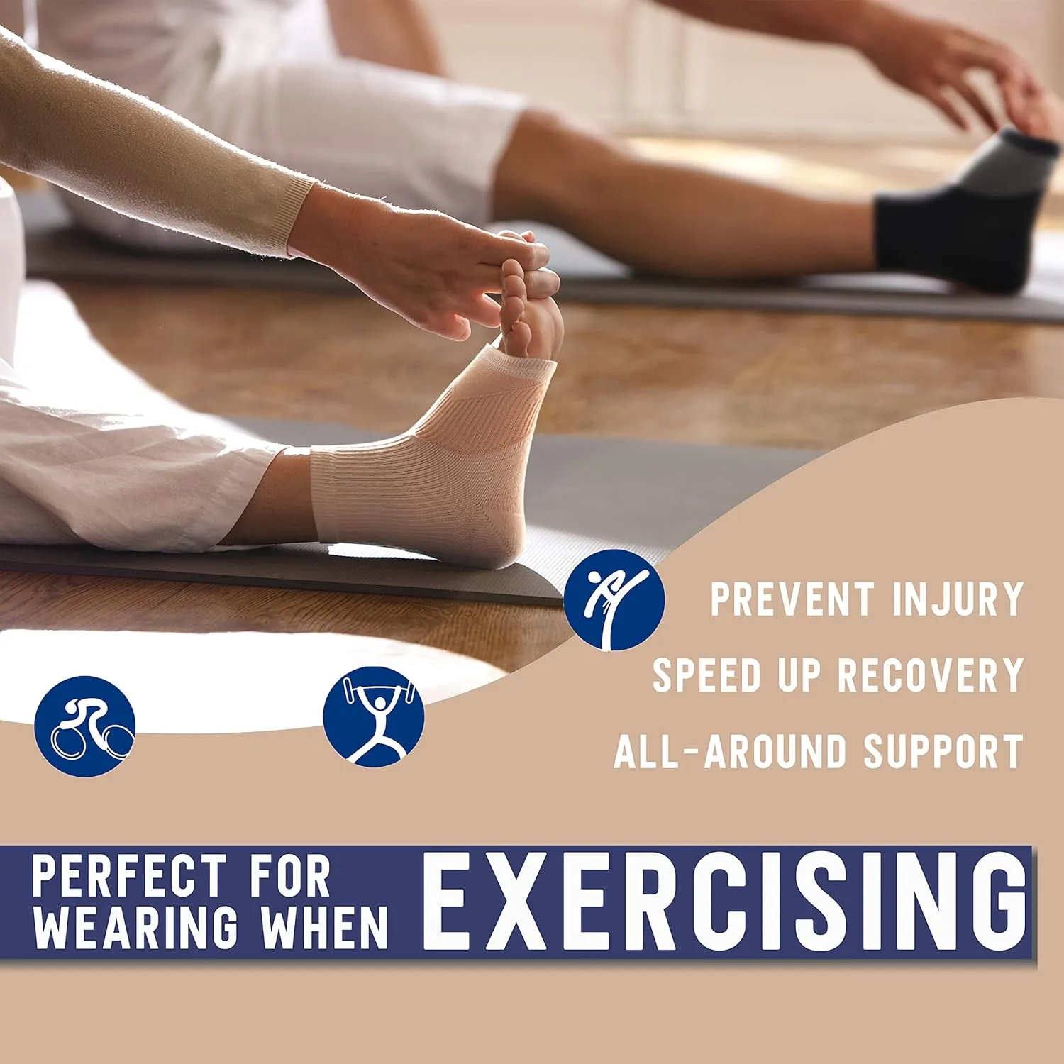 Ankle Brace Compression Sleeve (3 Pairs), Open Toe Compression Socks for Women & Men with Neuropathy, Foot Support sleeve for Swelling, Pain & Plantar Fasciitis Relief (Beige, L)