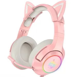 Gaming Headphone for PC, PS5, 7.1 Surround Sound PS4 Headset with Noise Cancelling Microphone, Over-Ear Gaming Headset with Soft Memory Earpads RGB LED Lights for Computer Laptop Mac(Pink)