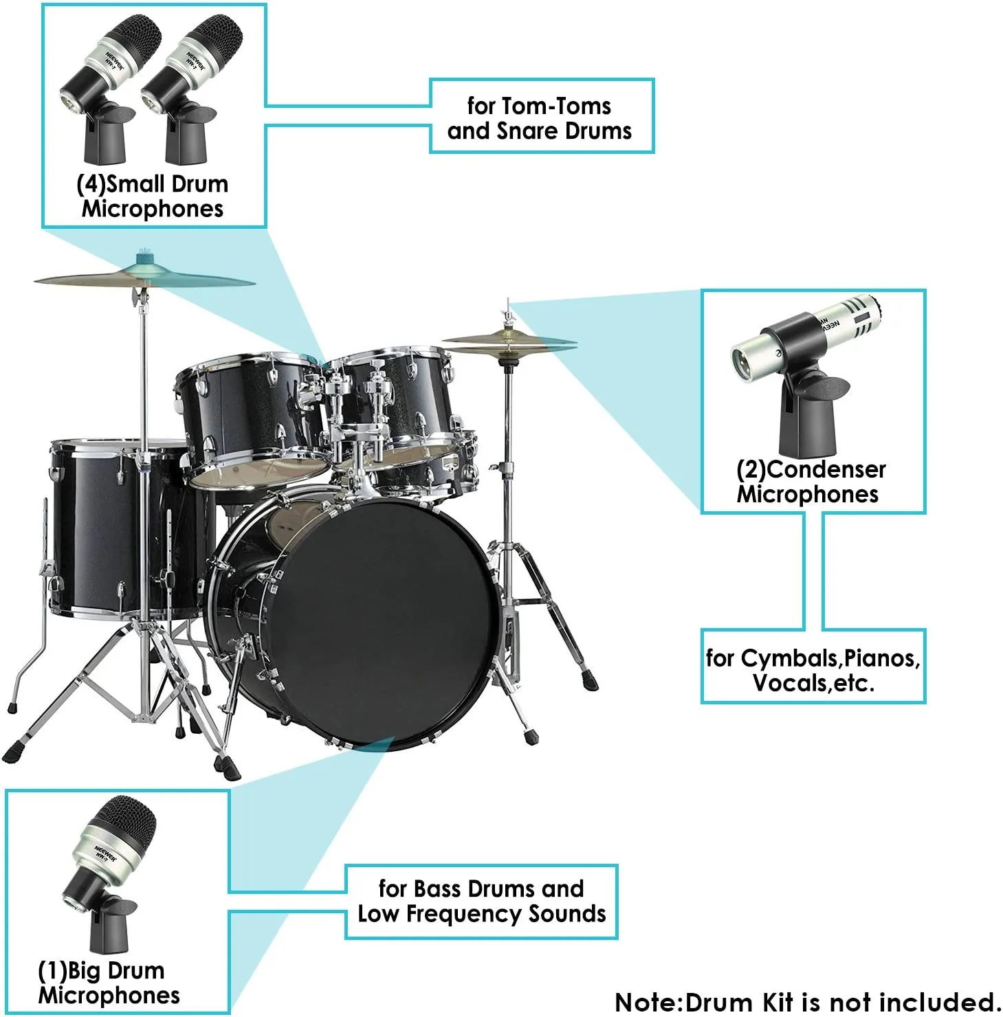 NEEWER 7 Piece Wired Dynamic Drum Mic Kit - Kick Bass