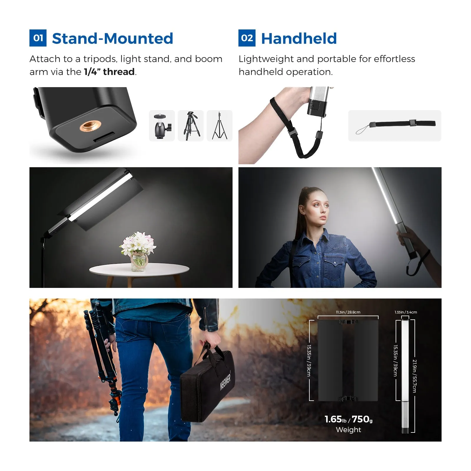 NEEWER CL124A Handheld Bi-color LED Light Stick with Barn Doors